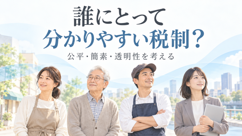 生活者と企業の担当者を並べ、誰にとっても分かりやすい税制を考える図。