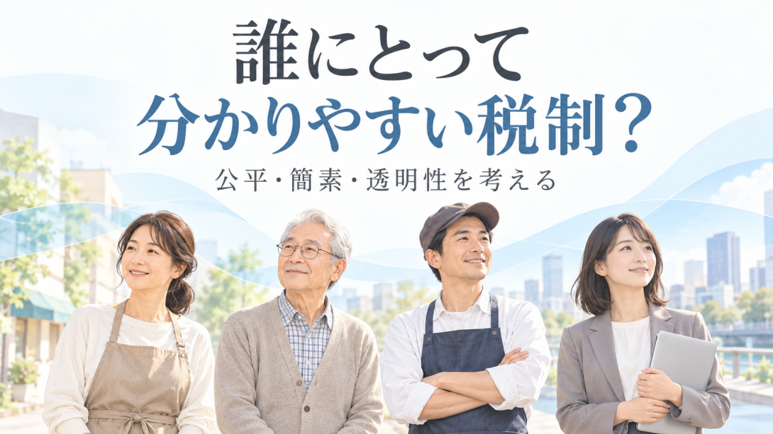 生活者と企業の担当者を並べ、誰にとっても分かりやすい税制を考える図。